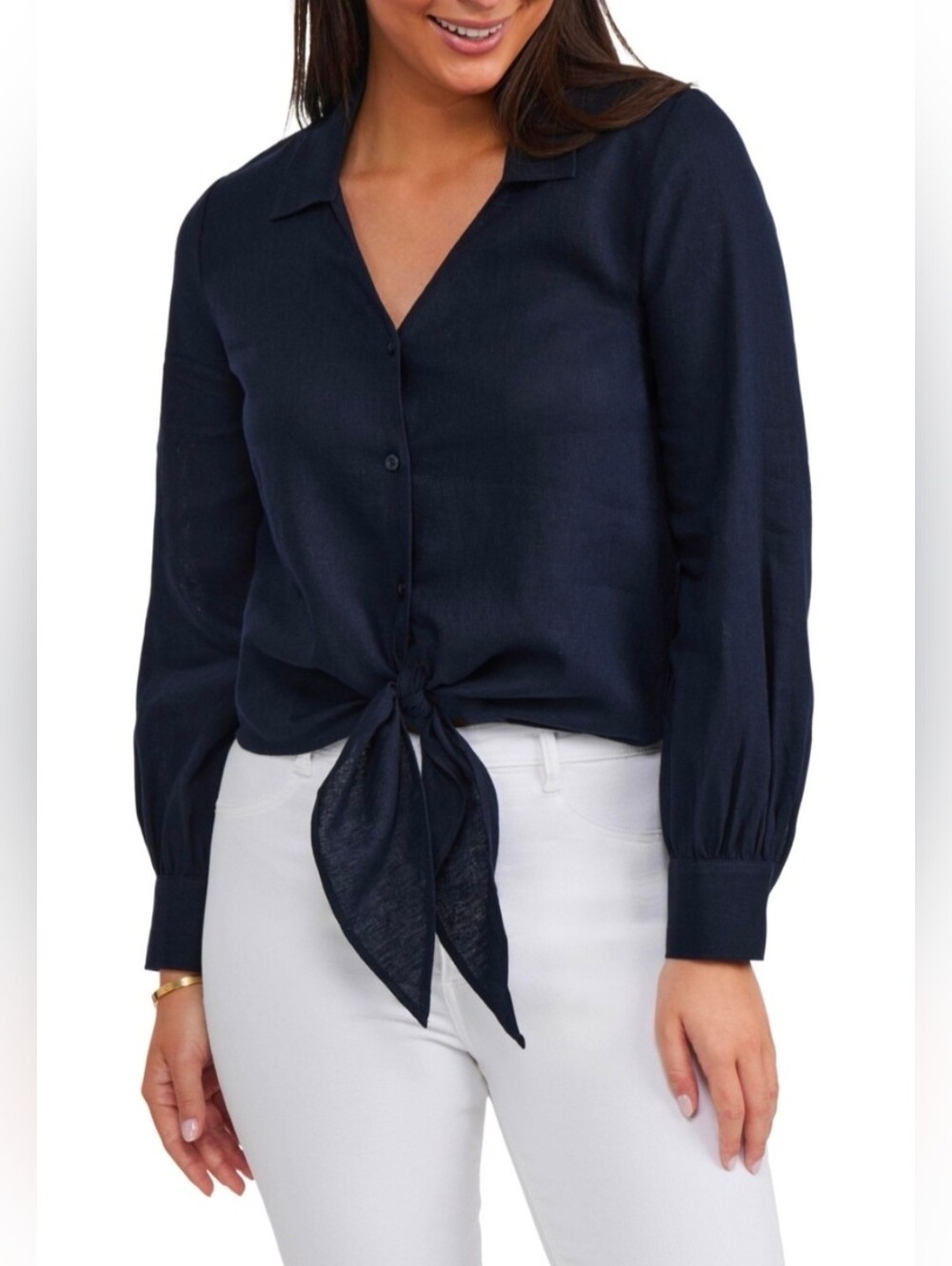 Ellen Tracy Navy Tie-Front Button-Down Shirt